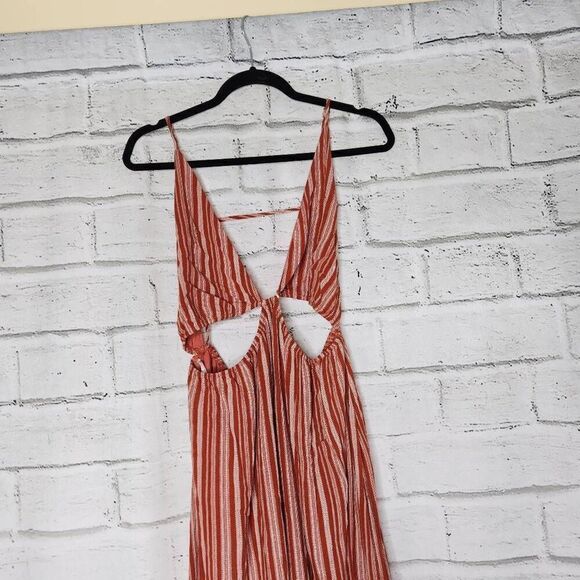 Lulus Womens Rust Striped Rayon Open Back Cutout Maxi Dress Size Medium - Picture 2 of 16